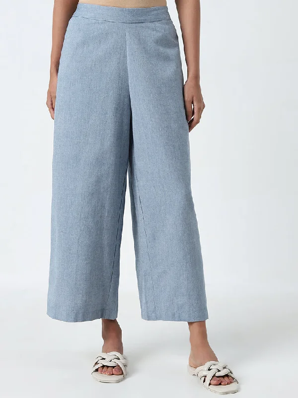 Utsa Light Blue High-Rise Straight Cotton Pants Formal Wide-Leg Pants