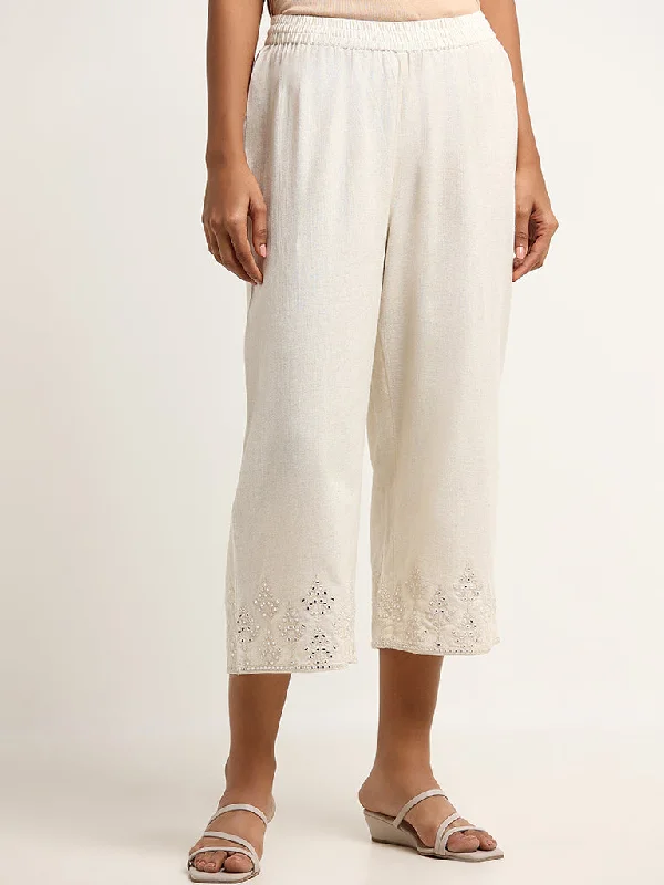 Utsa Off-White Mid-Rise Mirror Embroidered Blended Linen Pants Casual Track Pants