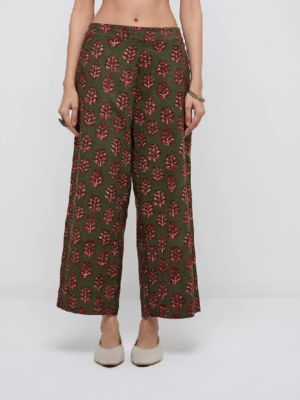 Utsa Olive Corduroy High-Rise Cotton Ethnic Pants Trendy High-Waist Trousers