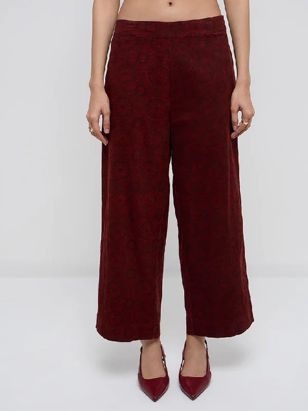 Utsa Rust Printed Corduroy High-Rise Cotton Ethnic Pants Chic Wool Trousers