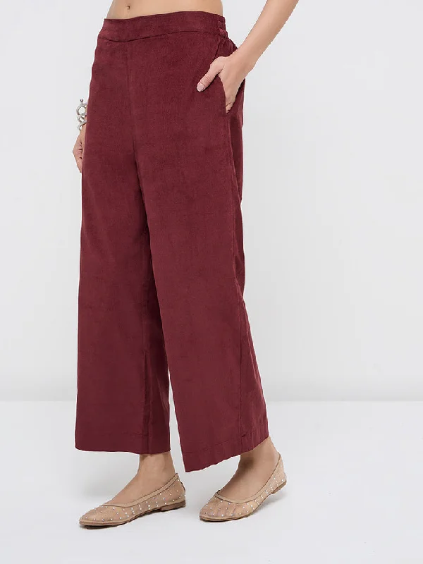 Utsa Rust Solid Corduroy High-Rise Cotton Ethnic Pants Modern Stretch Trousers