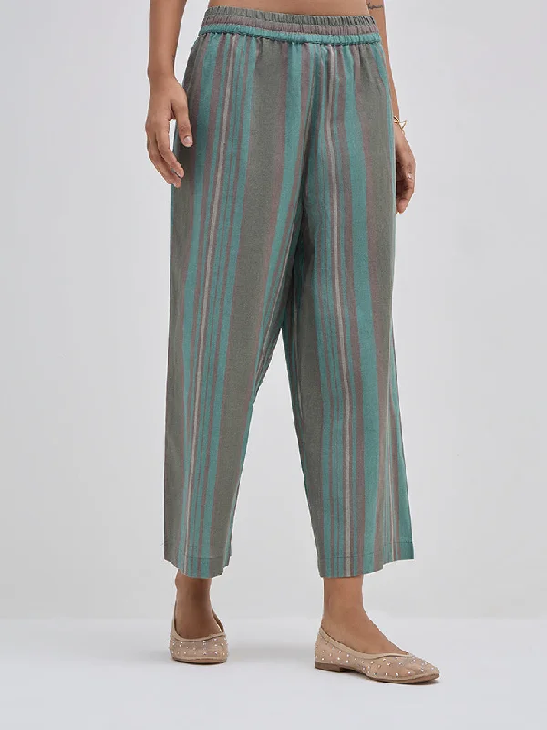 Utsa Teal Striped High-Rise Cotton Ethnic Pants High-Waist Trousers