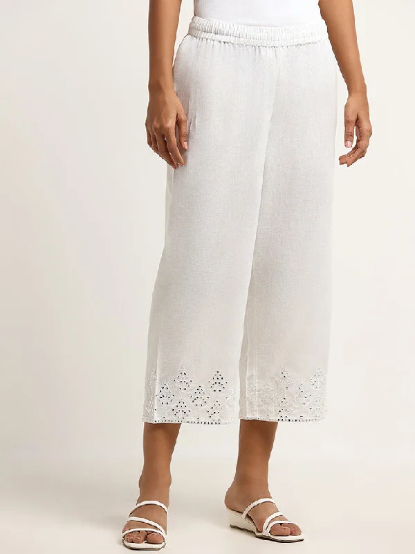 Utsa White Mid-Rise Mirror Embroidered Blended Linen Pants Lightweight Linen Pants