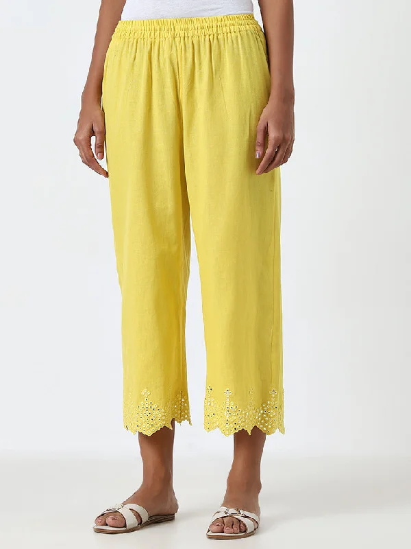 Utsa Yellow Mirror Work High-Rise Cotton Blend Pants Trendy Work Pants