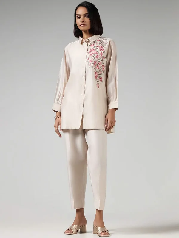 Vark Beige Floral Embroidered Kurti and Pants Set Soft Sweatpants Style