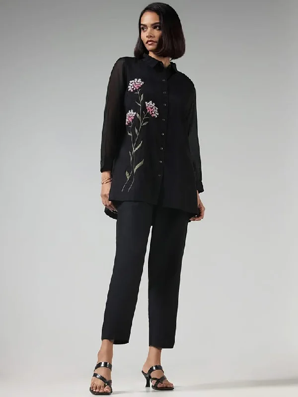 Vark Black Floral Embroidered Tunic & Pants Set Chic Slim Fit Pants