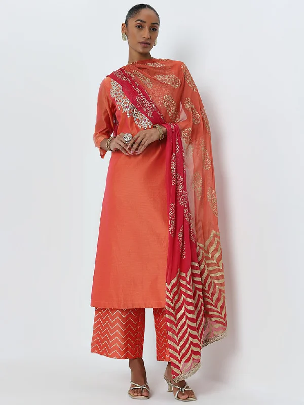 Vark Coral Floral Embellished Kurta, Pants And Dupatta Set Classic Straight-Leg Pants