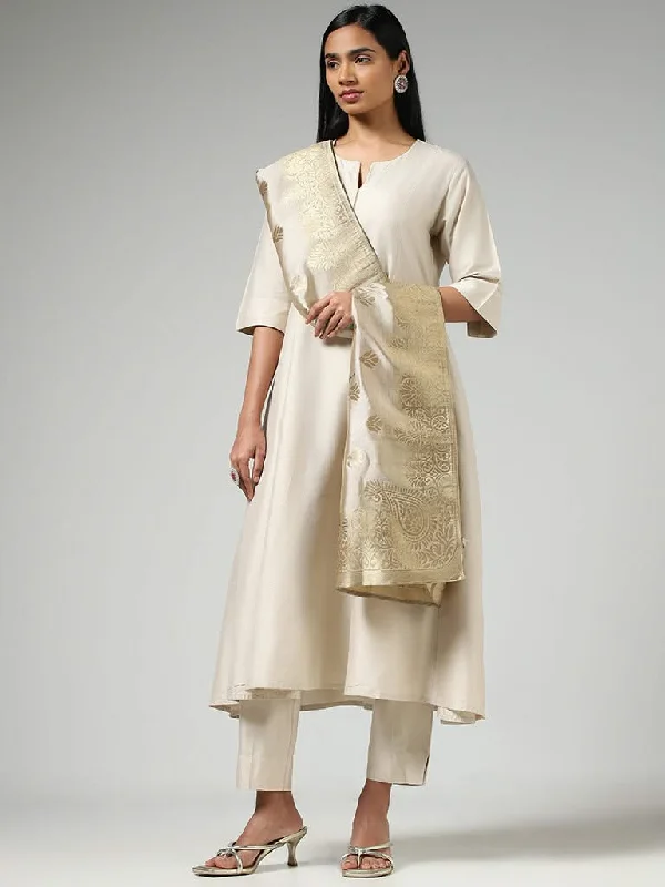 Vark Cream Kurta, Pants & Floral Printed Dupatta Set Lightweight Linen Pants