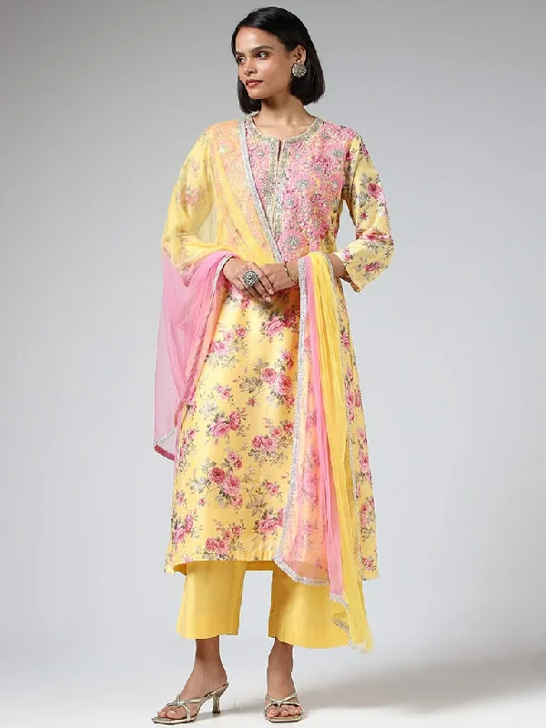 Vark Floral Printed Yellow Kurta with Pants & Dupatta Relaxed Casual Leggings