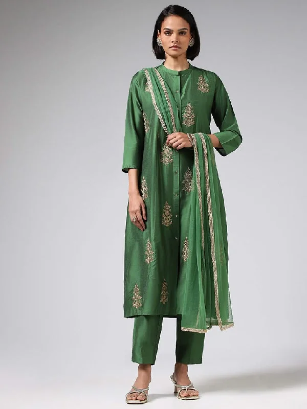 Vark Green Embroidered Kurta, Pants & Dupatta Set Relaxed High-Waist Trousers