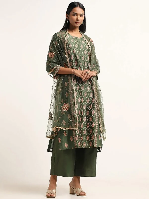 Vark Green Embroidery Cotton Blend Kurta, Pants and Dupatta Set Formal Stretch Pants