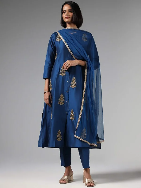 Vark Indigo Zari Embroidered Kurta, Pants & Dupatta Set Lightweight Jogger Pants