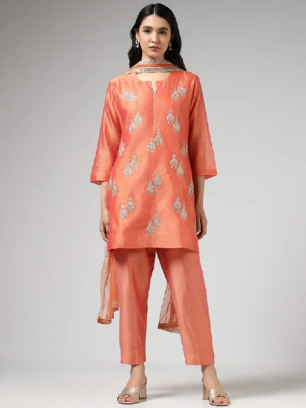 Vark Jumkha Embroidered Coral Kurta with Pants & Dupatta Elegant High-Waist Pants