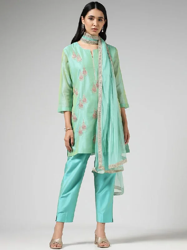 Vark Jumkha Embroidered Light Blue Kurta with Pants & Dupatta Formal Dress Pants