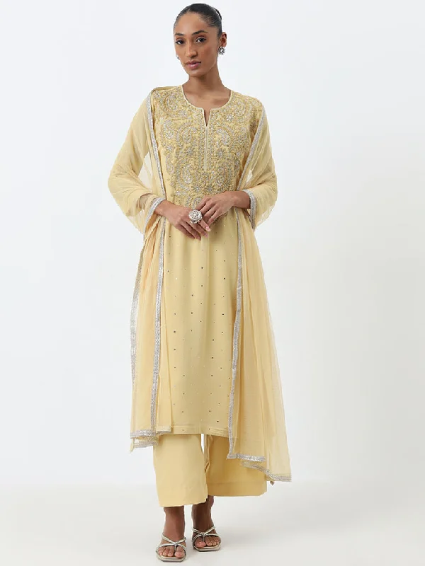 Vark Light Yellow A-Line Kurta, Pants and Dupatta Set Soft Stretch Pants