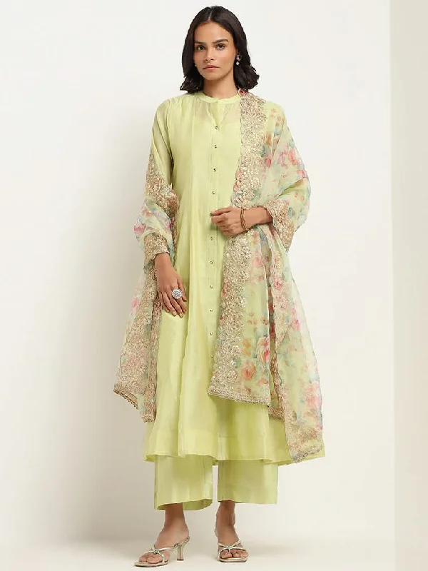 Vark Lime Kurta, Inner, Pants and Embroidered Cotton Blend Dupatta Set Relaxed Lounge Trousers