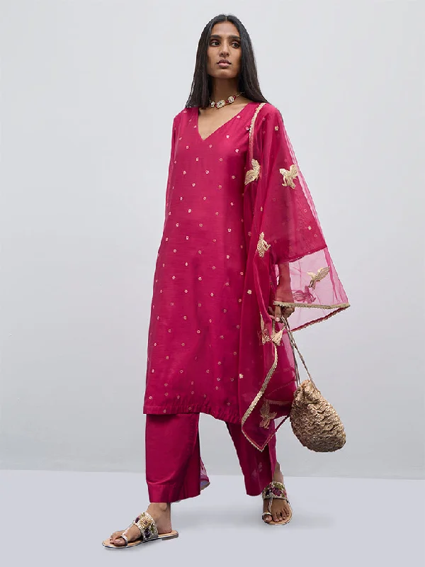 Vark Magenta Embellished A-Line Kurta, Pants and Dupatta Set Wide-Legged Palazzos