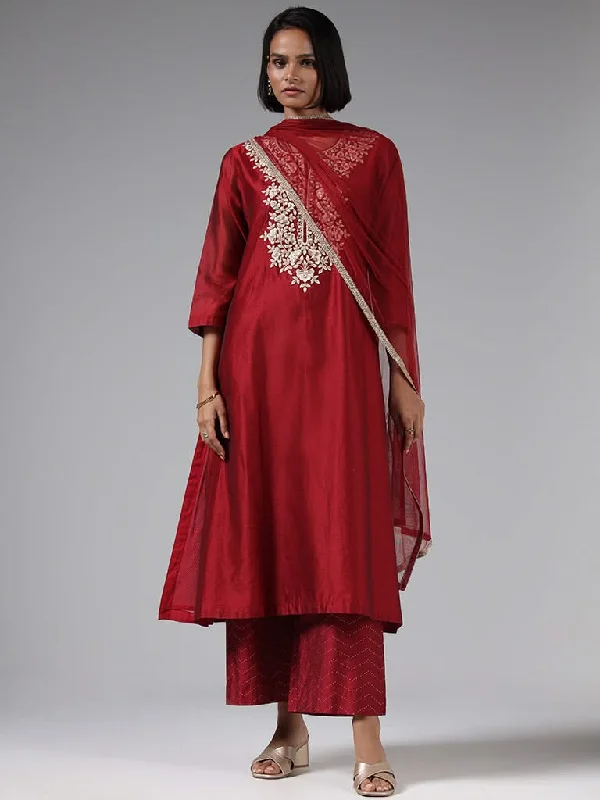 Vark Maroon Floral Embroidered Kurta, Pants & Dupatta Set Relaxed Lounge Trousers