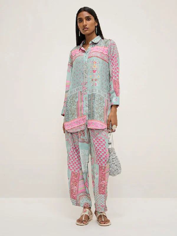 Vark Multicolour Printed High-Low Tunic and Pants Set Elegant High-Waist Pants