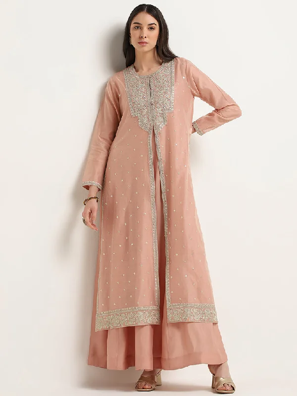 Vark Peach Embroidered Kurta, Inner & Pants Set Chic Capri Pants