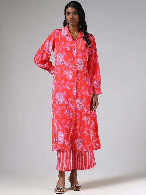 Vark Pink Button Down Print Kurta & Straight Pants Set Comfy High-Waist Jeans