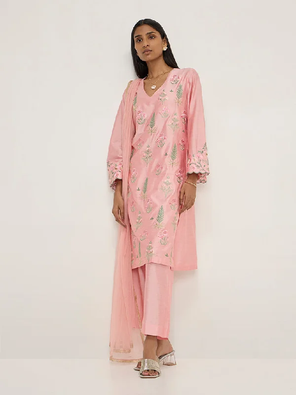 Vark Pink Floral Embroidered Kurta, Pants and Dupatta Set Classic Straight-Leg Pants