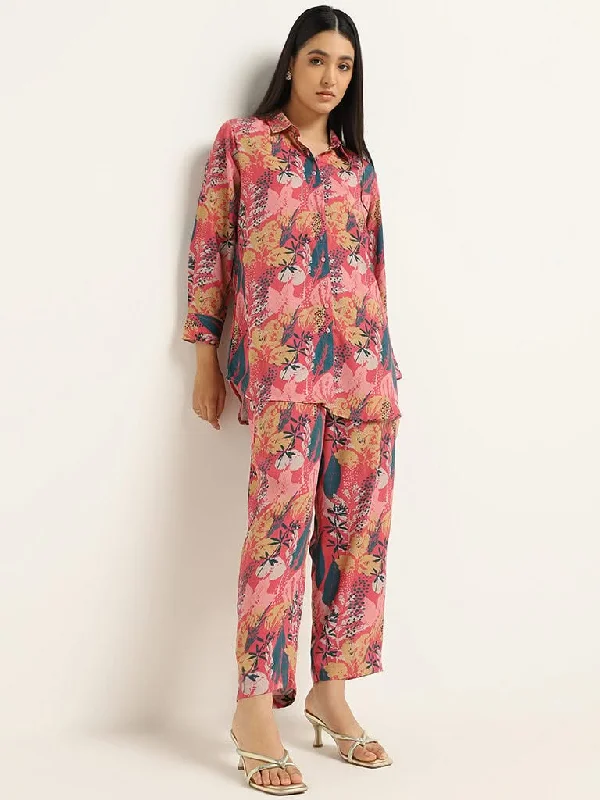 Vark Pink Nature Print Tunic & Pants Set Modern Bootcut Pants