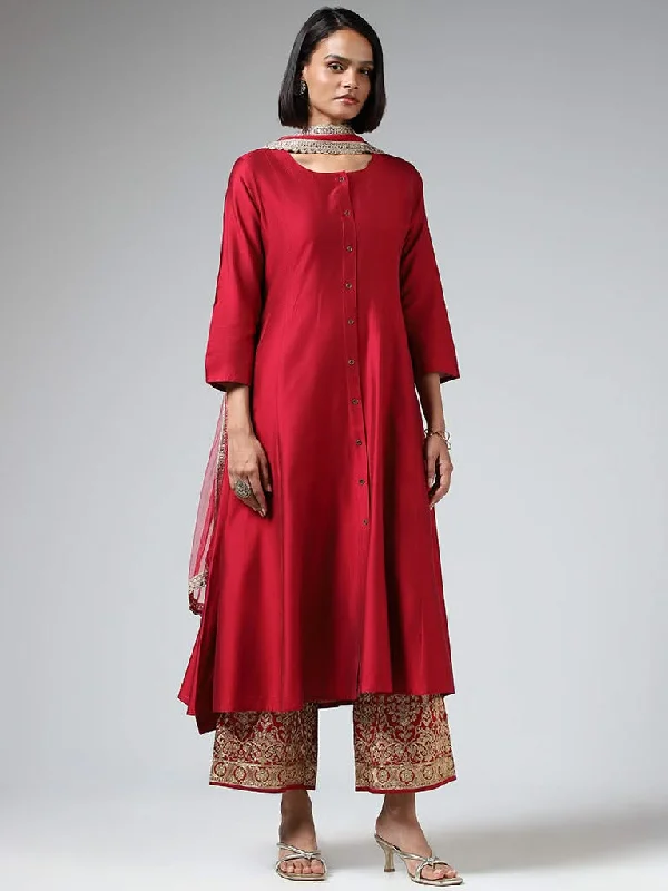 Vark Plain Red Kurta with Embroidered Pants & Dupatta High-Waist Jeans