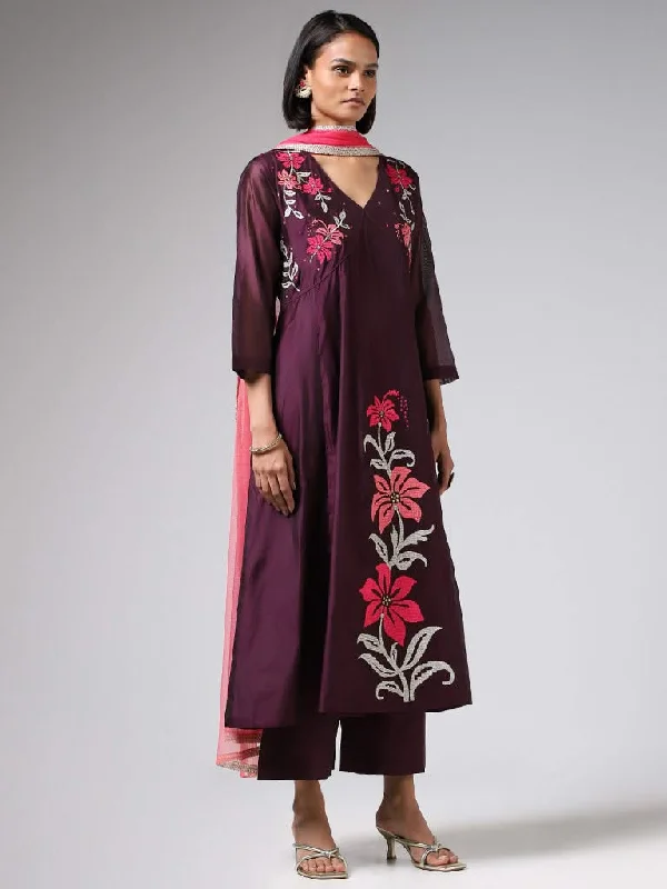 Vark Purple Floral Embroidered Kurta, Pants & Dupatta Set Elegant Palazzo Trousers