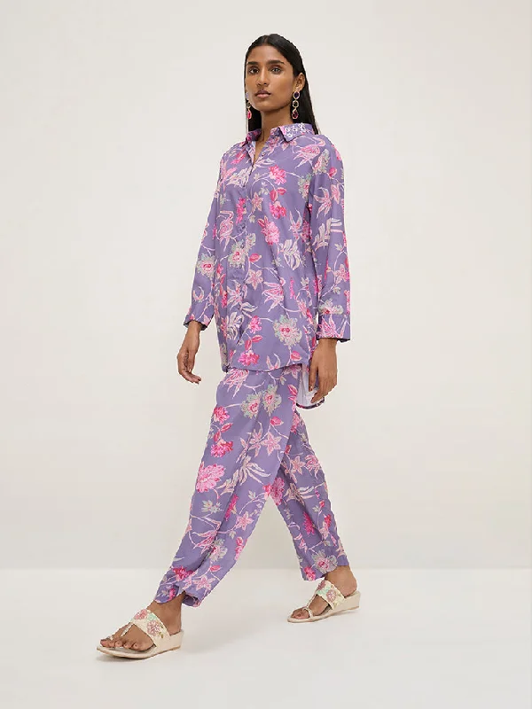 Vark Purple Floral Printed High-Low Tunic and Pants Set Formal Slim Pants