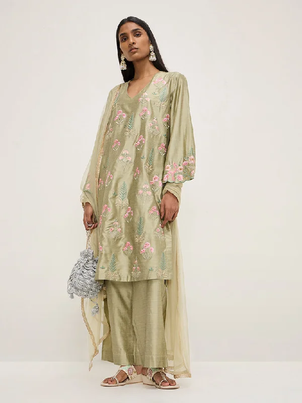 Vark Sage Embroidered Kurta, Ethnic Pants and Dupatta Set Formal Slim Pants