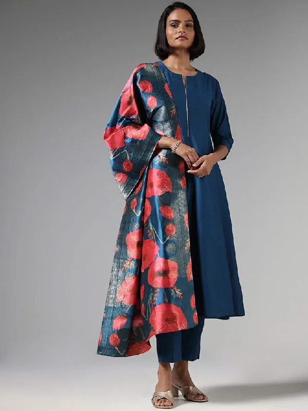 Vark Solid Indigo Kurta, Pants with Floral Dupatta Set Formal Wide-Leg Pants