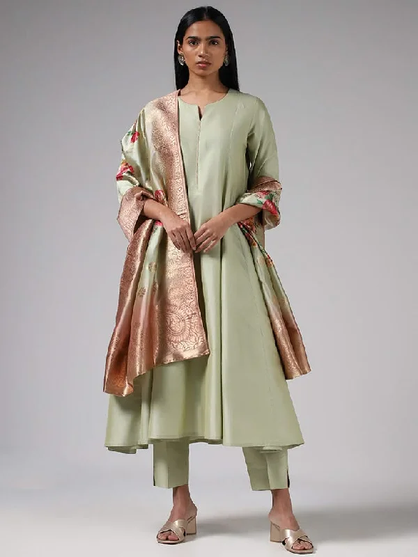 Vark Solid Lime Kurta, Straight Pants and Floral Printed Dupatta Set Relaxed Lounge Trousers