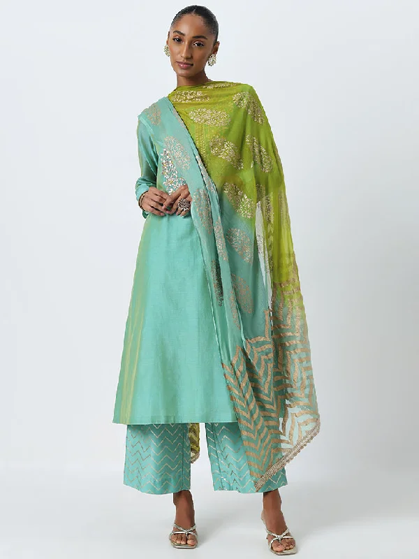 Vark Turquoise Embellished Kurta, Pants And Dupatta Set Cozy Full-Length Pants