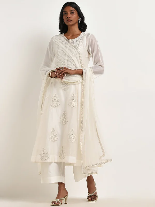 Vark White Embroidered A-Line Kurta, Pants & Dupatta Set Warm Wool Trousers