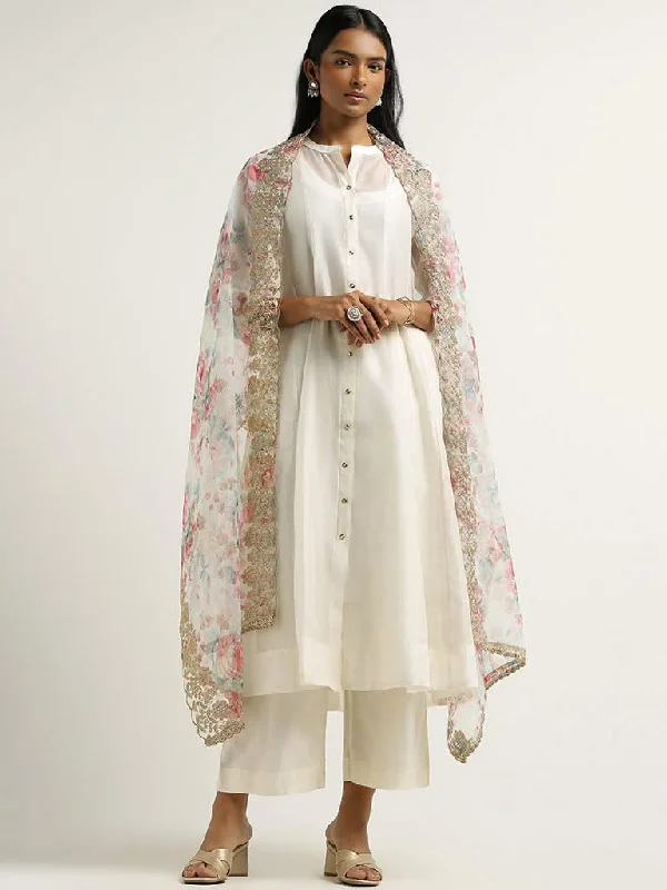 Vark White Kurta, Inner, Pants and Embroidered Cotton Blend Dupatta Set Classic Bootcut Trousers