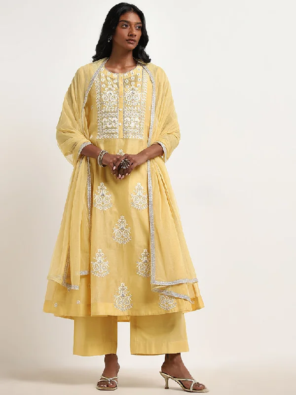 Vark Yellow Embroidered Kurta, Inner, Pants & Dupatta Set Comfortable Denim Pants