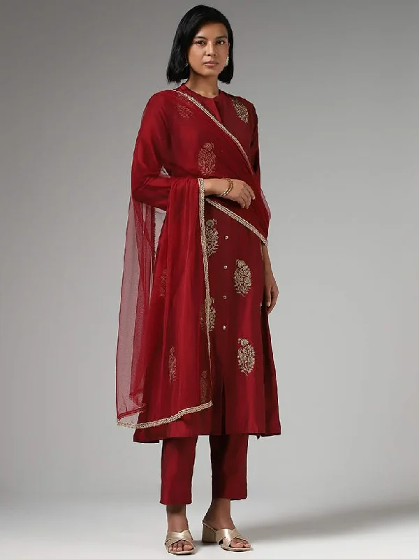 Vark Zari Embroidered Maroon Kurta with Pants & Dupatta Soft Stretch Leggings