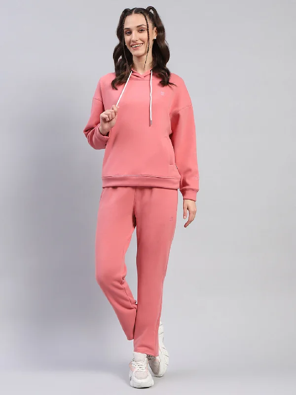 Women Peach Solid Hooded Full Sleeve Tracksuit Hoodie Jacket Zipper Layering