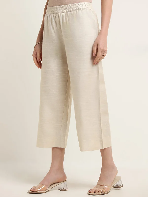 Zuba Beige Mid Rise Pants Stylish Paperbag Waist Pants