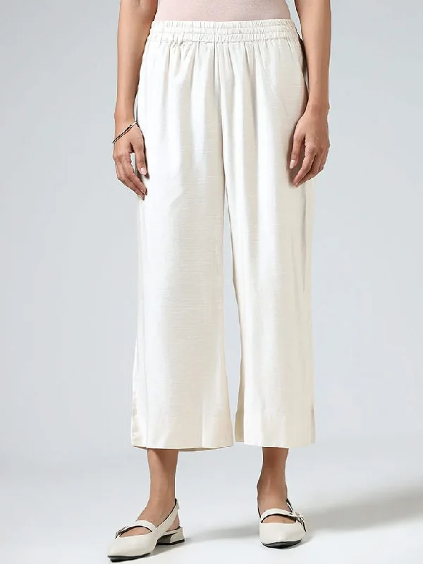 Zuba Off White Cotton Blend Straight Pants Elegant Trouser Pants