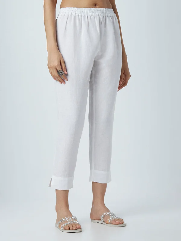 Zuba White Ethnic Blended Linen Pants Stylish Paperbag Waist Pants