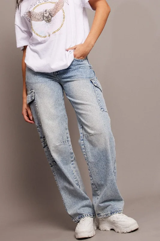 Denim Cargo Jean High Rise Fashionable Straight Cut Jeans