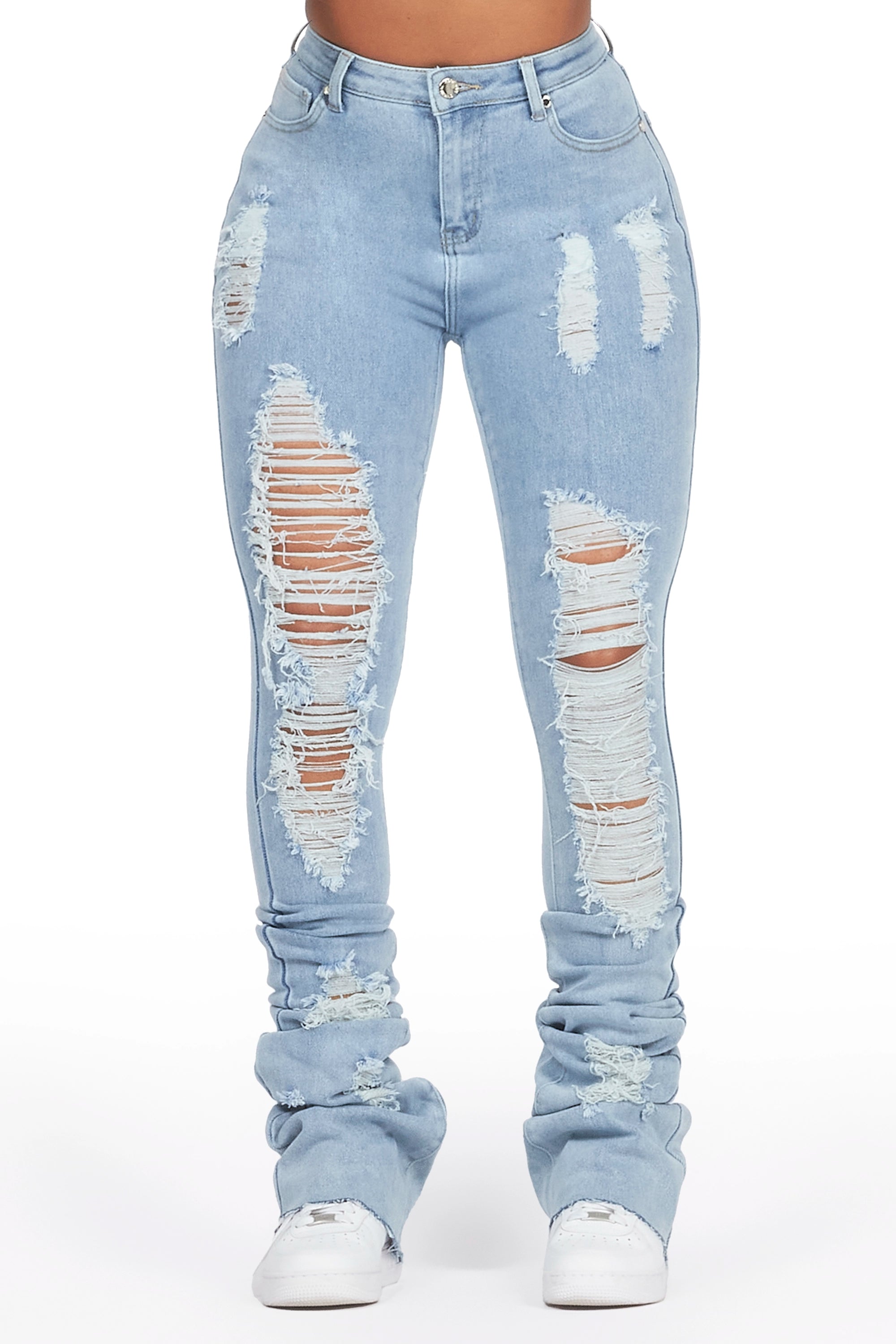 Got A Crush Light Wash Distressed Super Stacked Jean Comfortable Full-Length Denim Jeans