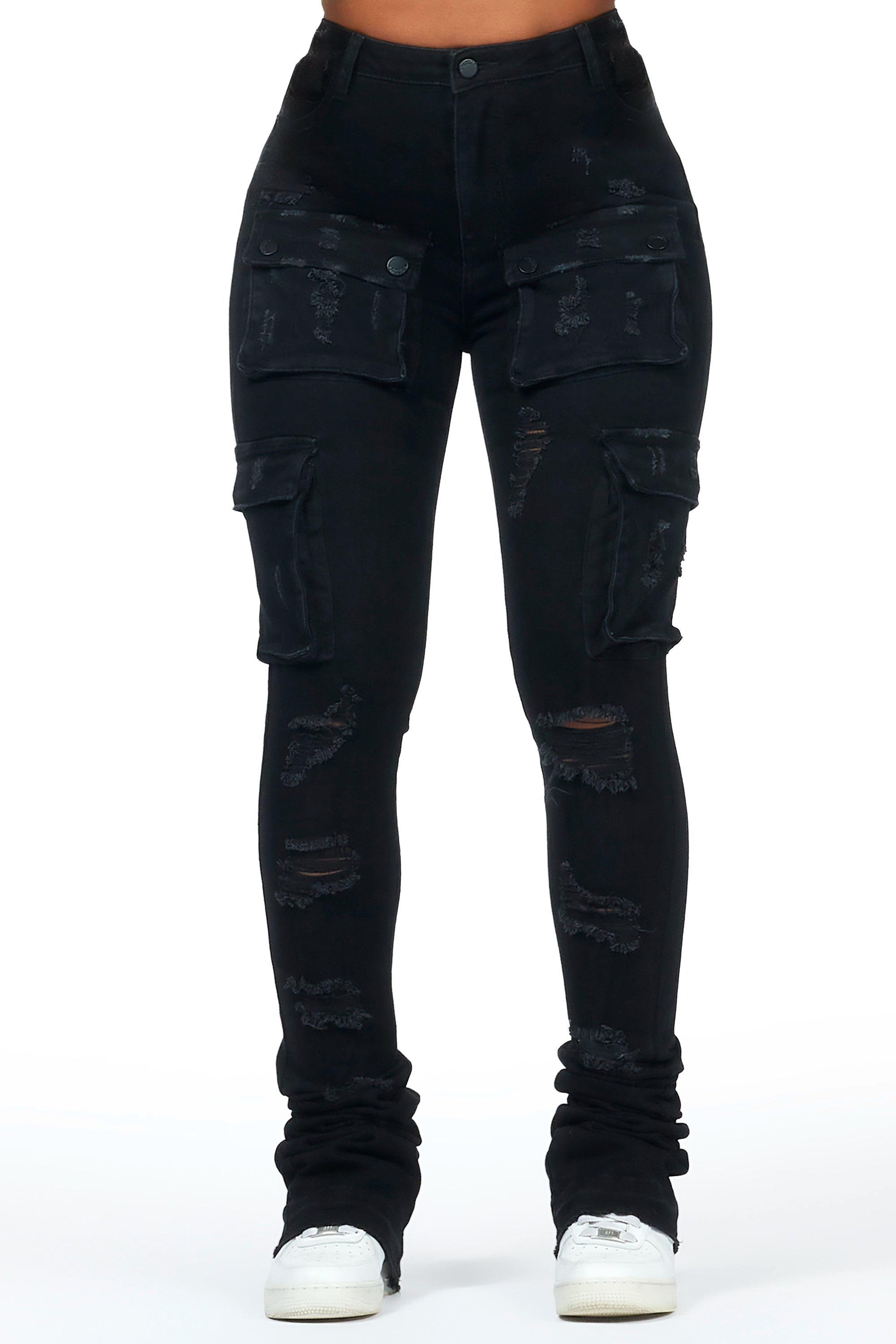 Noor Black Cargo Super Stacked Jean Classic Blue Denim Jeans