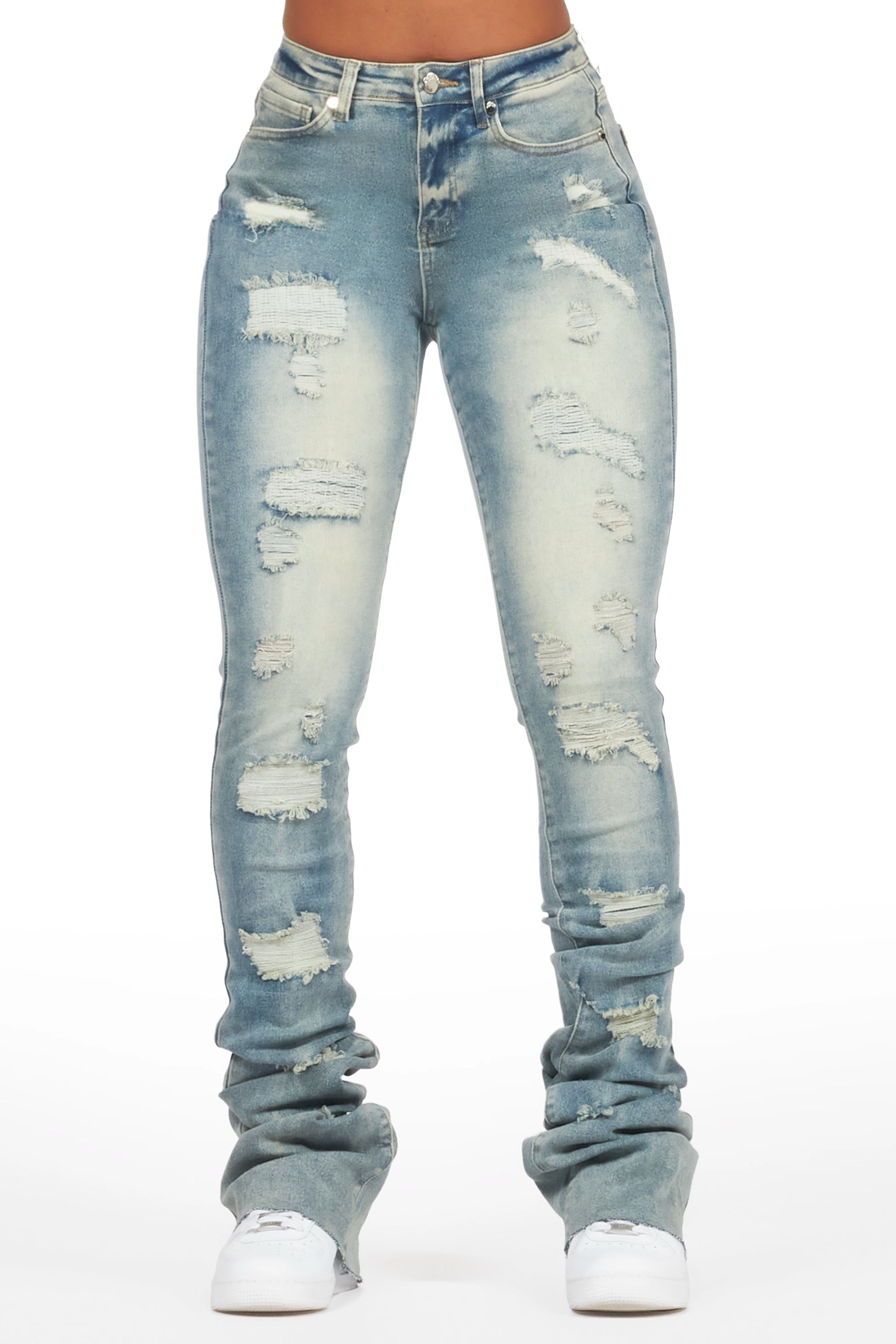 Remy Tinted Dark Wash Super Stacked Jean Stylish Stone-Wash Denim Jeans