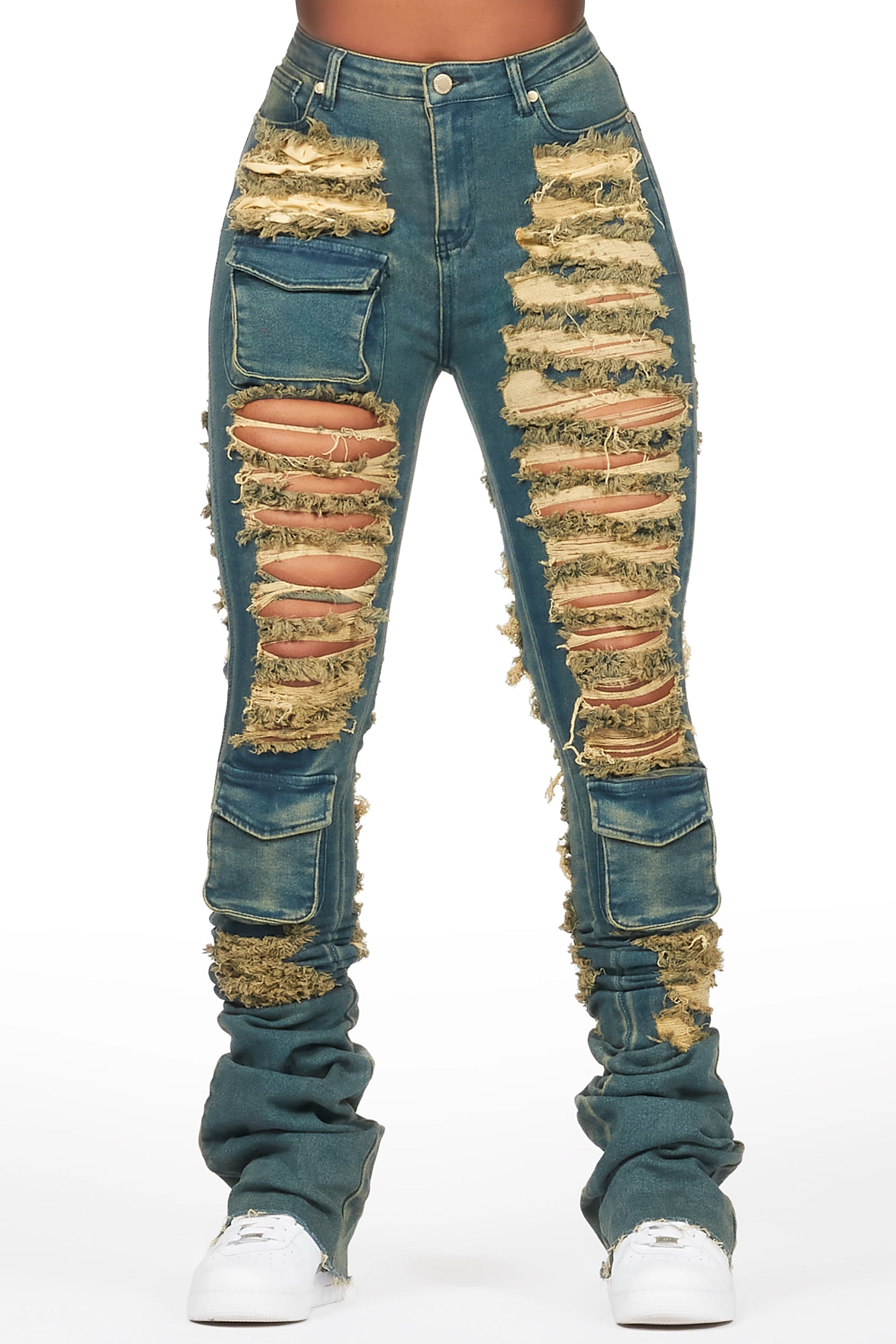 Capria Tinted Dirty Wash Ultra Distressed Super Stacked Jean Chic Rolled Cuff Denim Jeans