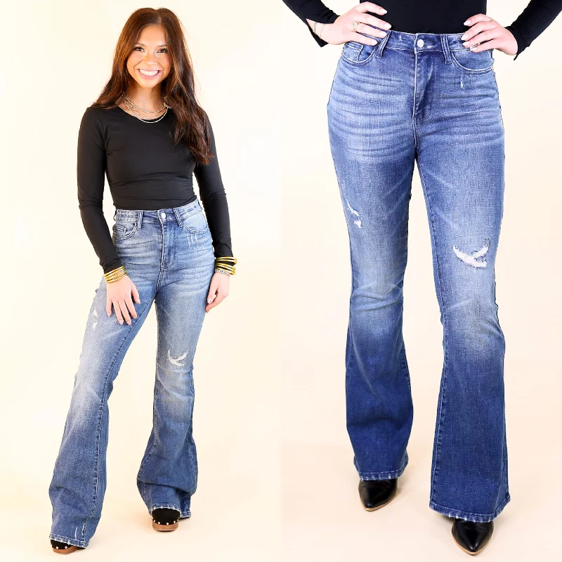 Judy Blue | Modern Groove High Waisted Destroy Flare Jean in Contrasting Dark Wash Stylish Shredded Denim Jeans