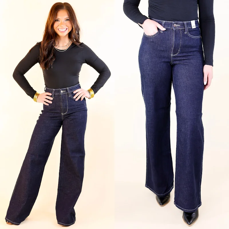 Judy Blue | Smooth Stride Tummy Control Retro Wide Leg Jean in Dark Rinse Wash Casual Distressed Skinny Jeans