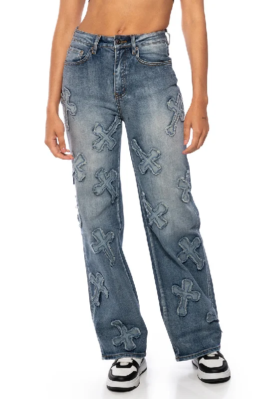 PAMELA CROSS PATCHWORK DENIM JEAN Comfortable Straight-Legged Denim